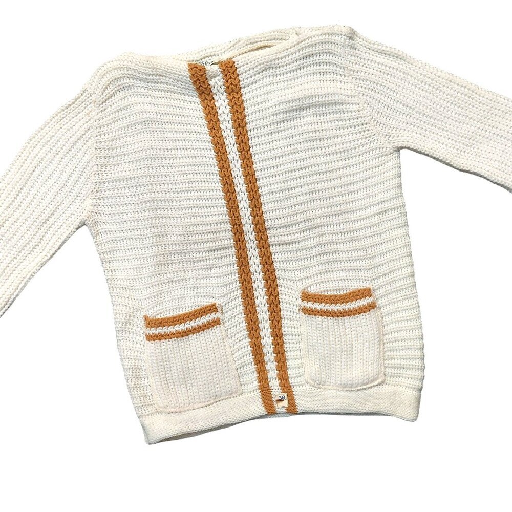 Vintage 1950s Cream & Tan Stripe Textured 3/4 Sleeve Knit Sweater w/ Pockets Sma - Picture 4 of 7